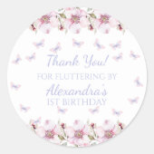 Sticker Rond Papillon rose floral 1er Merci d'anniversaire (Devant)