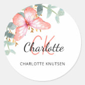 Sticker Rond Papillon rose gold pêche verdure merci (Devant)