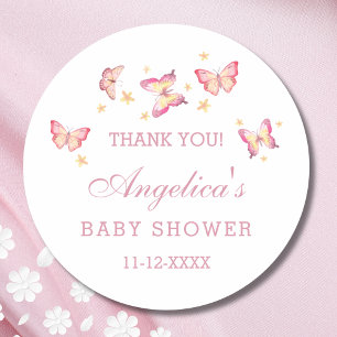 Sticker Rond Papillon rose pâle Dusty Baby shower Merci
