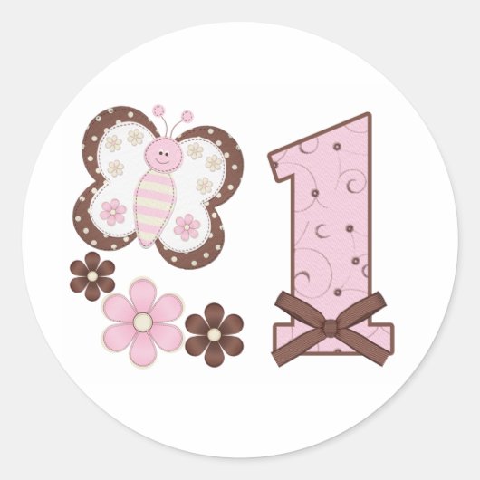 Sticker Rond Papillon rose Premier Anniversaire Classic Sticke  (Devant)