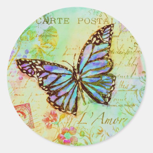 Sticker Rond Papillon sarcelle et violet (Devant)