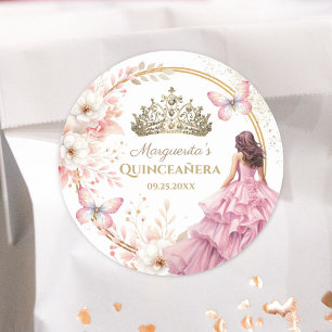 Sticker Rond Papillon Tiara en or rose rose pâle Quinceañera