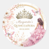 Sticker Rond Papillon Tiara en or rose rose pâle Quinceañera (Devant)