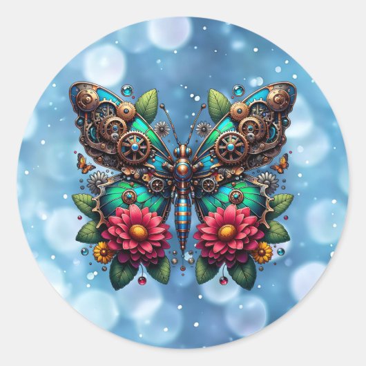 Sticker Rond Papillon vapeur avec engrenages et fleurs (Devant)