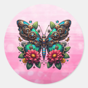 Sticker Rond Papillon vapeur avec engrenages et fleurs