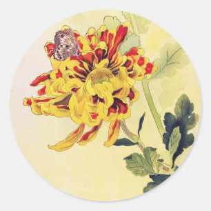 Sticker Rond Papillon vintage classique de chrysanthème