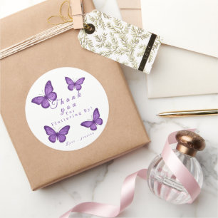 Sticker Rond Papillon Violet Élégant Personnalisé pour la Marié