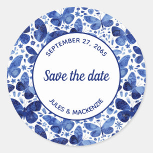 Sticker Rond Papillons Aquarelle Indigo Bleu Enregistrer la dat
