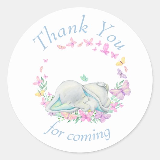 Sticker Rond Papillons bleu éléphant Baby shower Merci (Devant)
