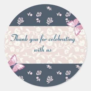 Sticker Rond papillons bleu marine rose merci