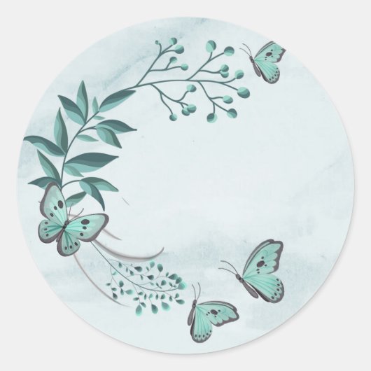 Sticker Rond Papillons bleus turquoises fleuris feuille (Devant)