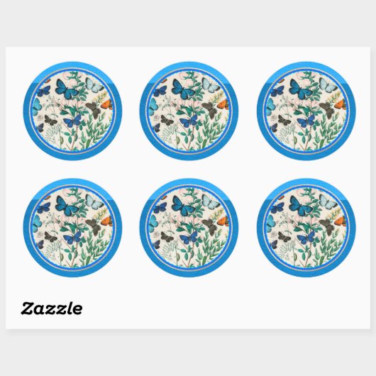 Sticker Rond Papillons, cadre de cercle bleu, (Feuille)