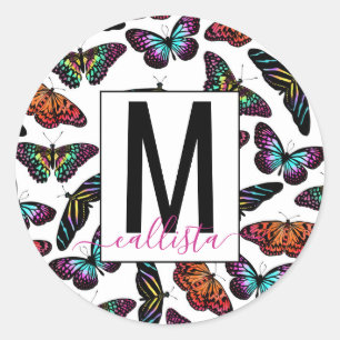 Sticker Rond Papillons colorés Aquarelle Motif Monogramme