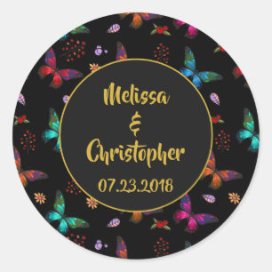 Sticker Rond Papillons colorés Motif sur Mariage noir