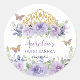 Sticker Rond Papillons de la Couronne de Quinceañera Floral Lil