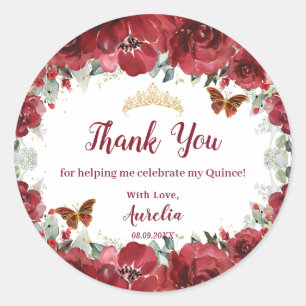 Sticker Rond Papillons de pivoine de fleurs rouges Quinceanera 