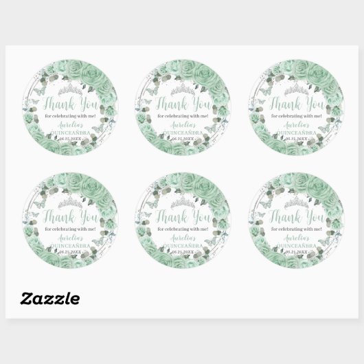 Sticker Rond Papillons en argent de la Quinceañera vert à la Mo (Feuille)