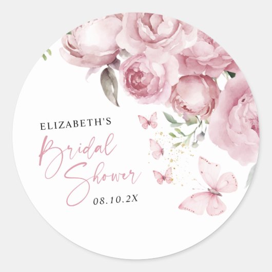 Sticker Rond Papillons Fête de Mariage Florale Rose (Devant)