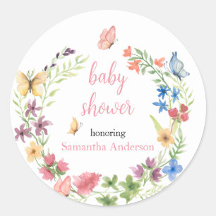 Sticker Rond Papillons fleur sauvage Baby shower aquarelle