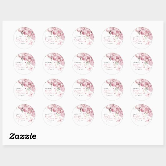 Sticker Rond Papillons Fleurs Roses Mariage (Feuille)