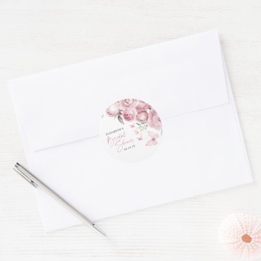 Sticker Rond Papillons Fleurs Roses Mariage (Enveloppe)