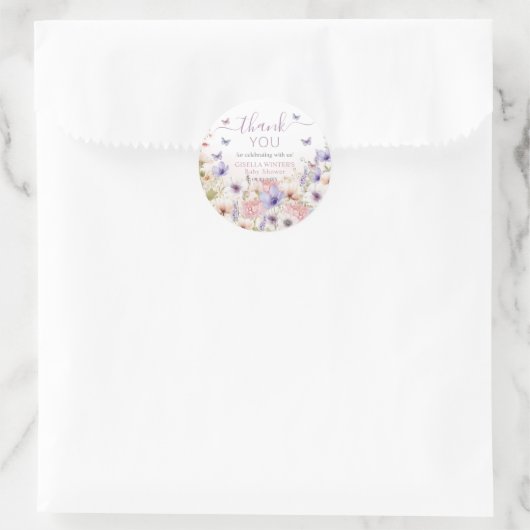 Sticker Rond Papillons Fleurs sauvages violets rose bébé en fle (Sac)