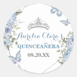 Sticker Rond Papillons floraux bleus 16e Quinceañera
