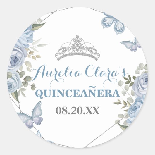 Sticker Rond Papillons floraux bleus 16e Quinceañera (Devant)
