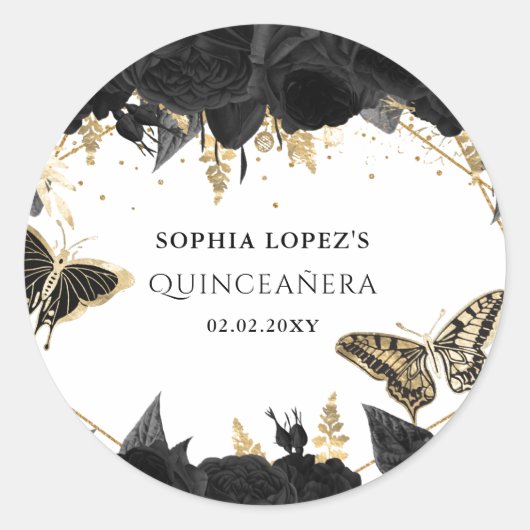 Sticker Rond Papillons floraux d'or noir Quinceanera (Devant)