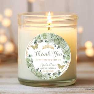 Sticker Rond Papillons floraux d'or Quinceañera Sage Green