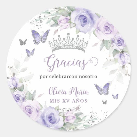 Sticker Rond Papillons floraux pourpres de lavande Quinceañera (Devant)
