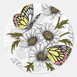 Sticker Rond Papillons Jézabel et fleurs marguerites sur blanc
