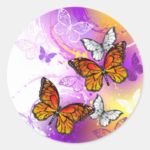 Sticker Rond Papillons monarques sur fond violet