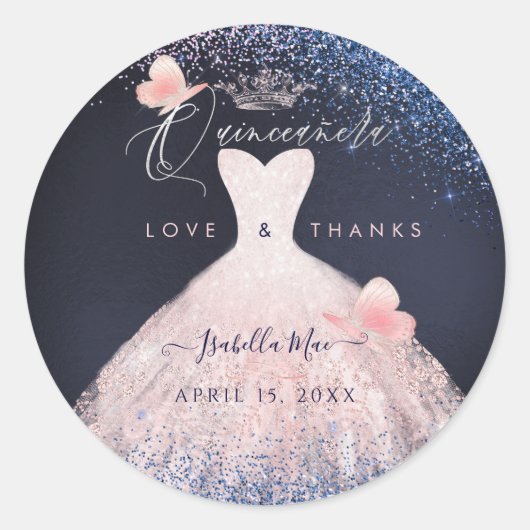 Sticker Rond Papillons Quinceanera Blush Parties scintillant Go (Devant)