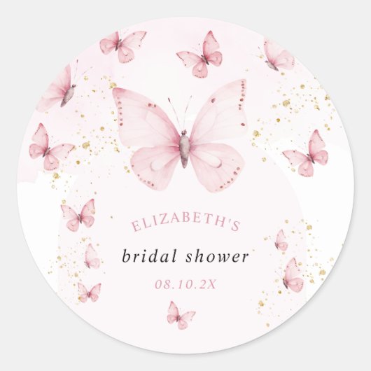 Sticker Rond Papillons Rose Or Baby Shower  (Devant)