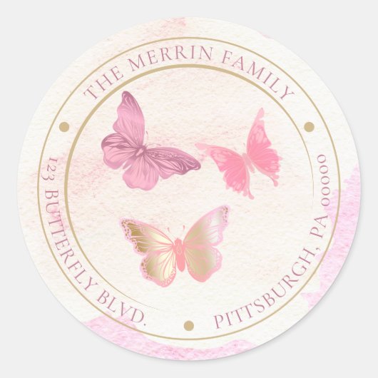 Sticker Rond Papillons roses cercle adresse de retour (Devant)