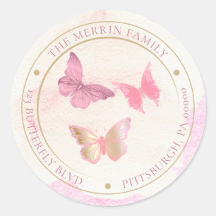 Sticker Rond Papillons roses cercle adresse de retour