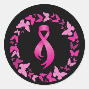 Sticker Rond Papillons roses couronne - Cancer du sein