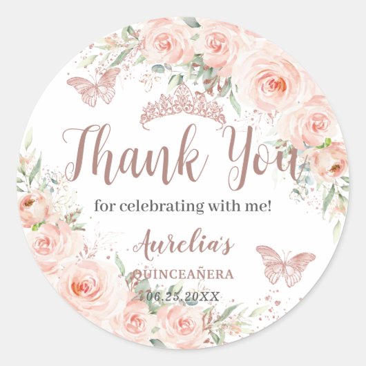 Sticker Rond Papillons Roses d'or de Quinceanera Blush (Devant)