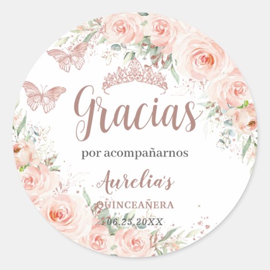 Sticker Rond Papillons Roses d'or Quinceañera Blush Floral (Devant)