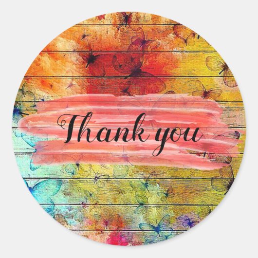 Sticker Rond Papillons sur un Merci rustique coloré (Devant)