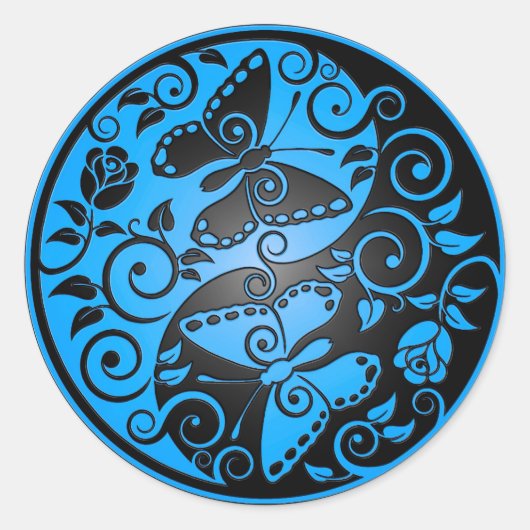 Sticker Rond Papillons Yin Yang, bleu & noir (Devant)