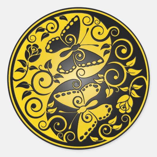Sticker Rond Papillons Yin Yang, jaune et noir (Devant)