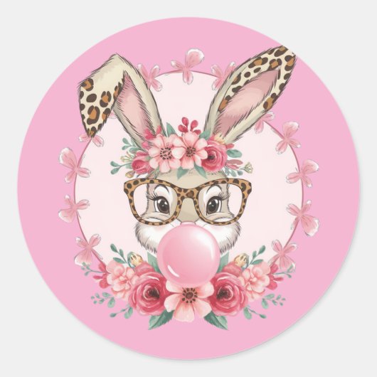 Sticker Rond Pâques mignonne Floral Bunny Leopard cadeau (Devant)