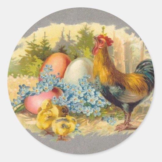 Sticker Rond Pâques - Poussins, Oeufs & Rooster - Carte Postale (Devant)