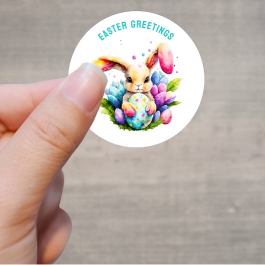 Sticker Rond Pâques Salutations Bunny Peinture Oeufs Personnali