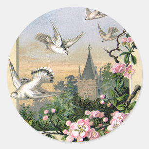 Sticker Rond Pâques vintage, colombes blanches et fleurs