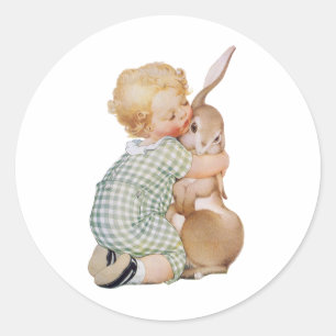 Sticker Rond Pâques vintage, enfant garçon mignon avec lapin de