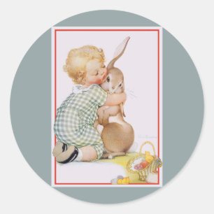 Sticker Rond Pâques vintage, enfant garçon mignon avec lapin de
