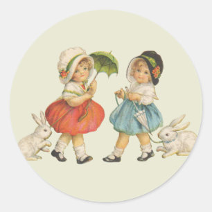 Sticker Rond Pâques vintage Enfants Lapins Bonnets Antique